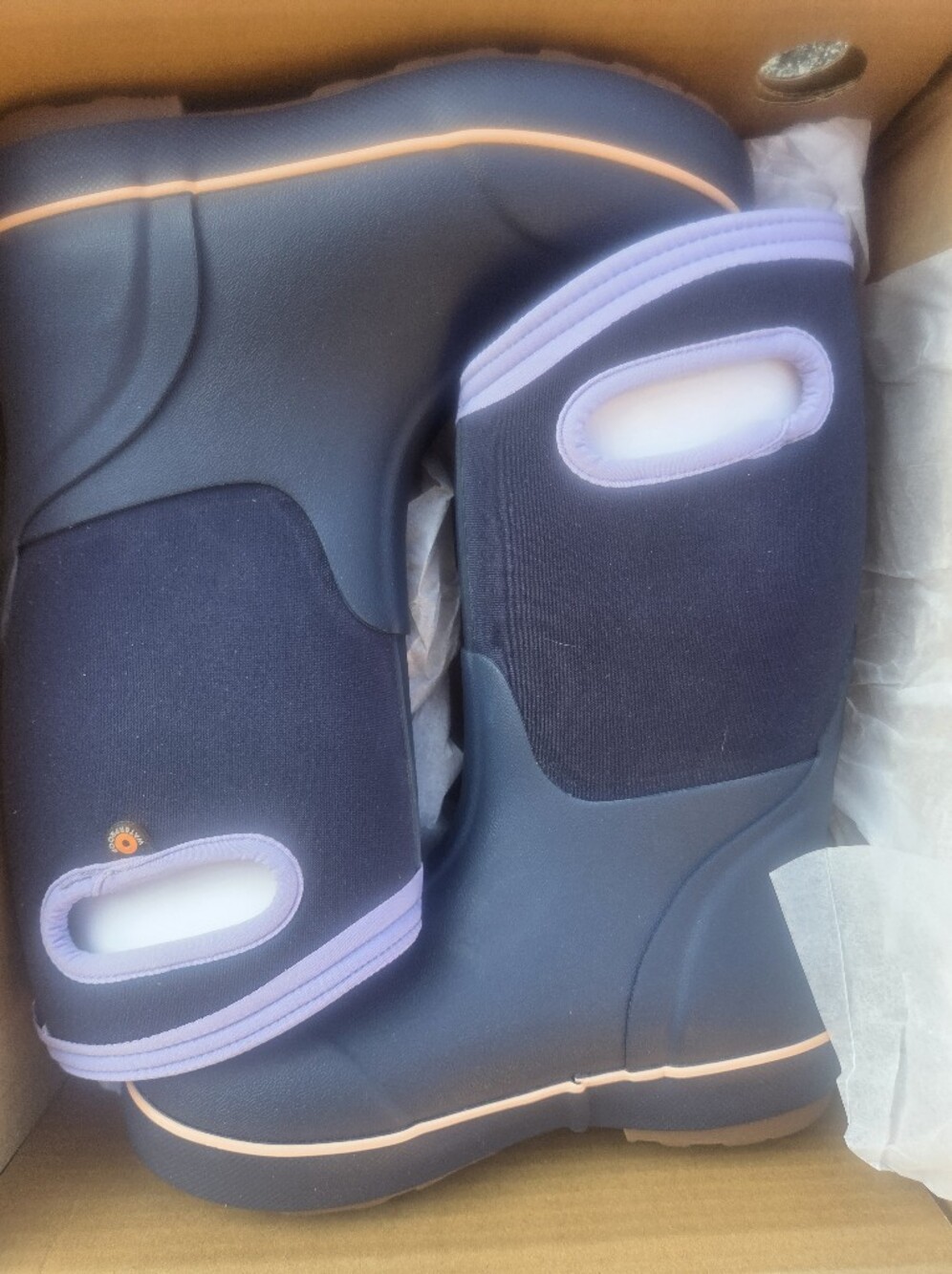 BOGS Children's Navy Waterproof Boots with Lavender Trim - Picture 2 of 3